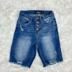 Dollhouse Long Distressed Denim Shorts Size 5 / 6 Juniors Jean Blue Button Fly